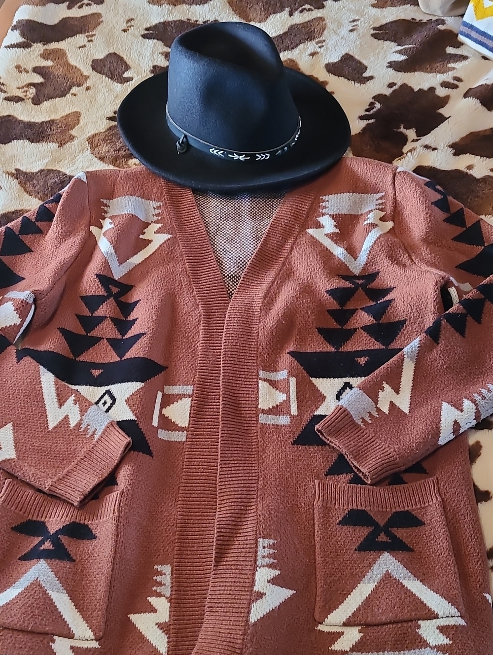 Rust Tribal Southwestern Open-Front Cardigan with Front Pockets